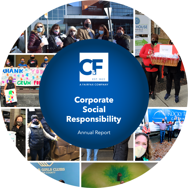 Crum & Forster Corporate Social Responsibility Annual Report in blue circle surrounded by photos of C&F employee volunteers