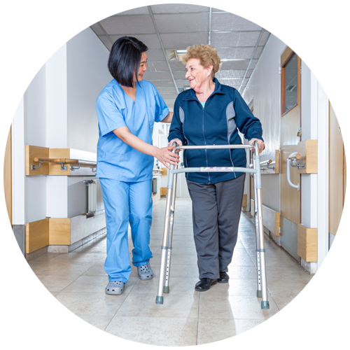 Circle with healthcare worker helping an older patient with a walker