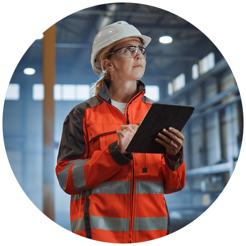 Circle with a woman risk engineer looking up and typing on a tablet