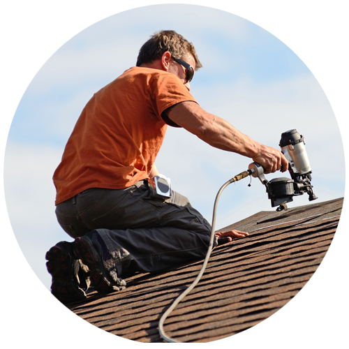 Circle with roofing contractor at work